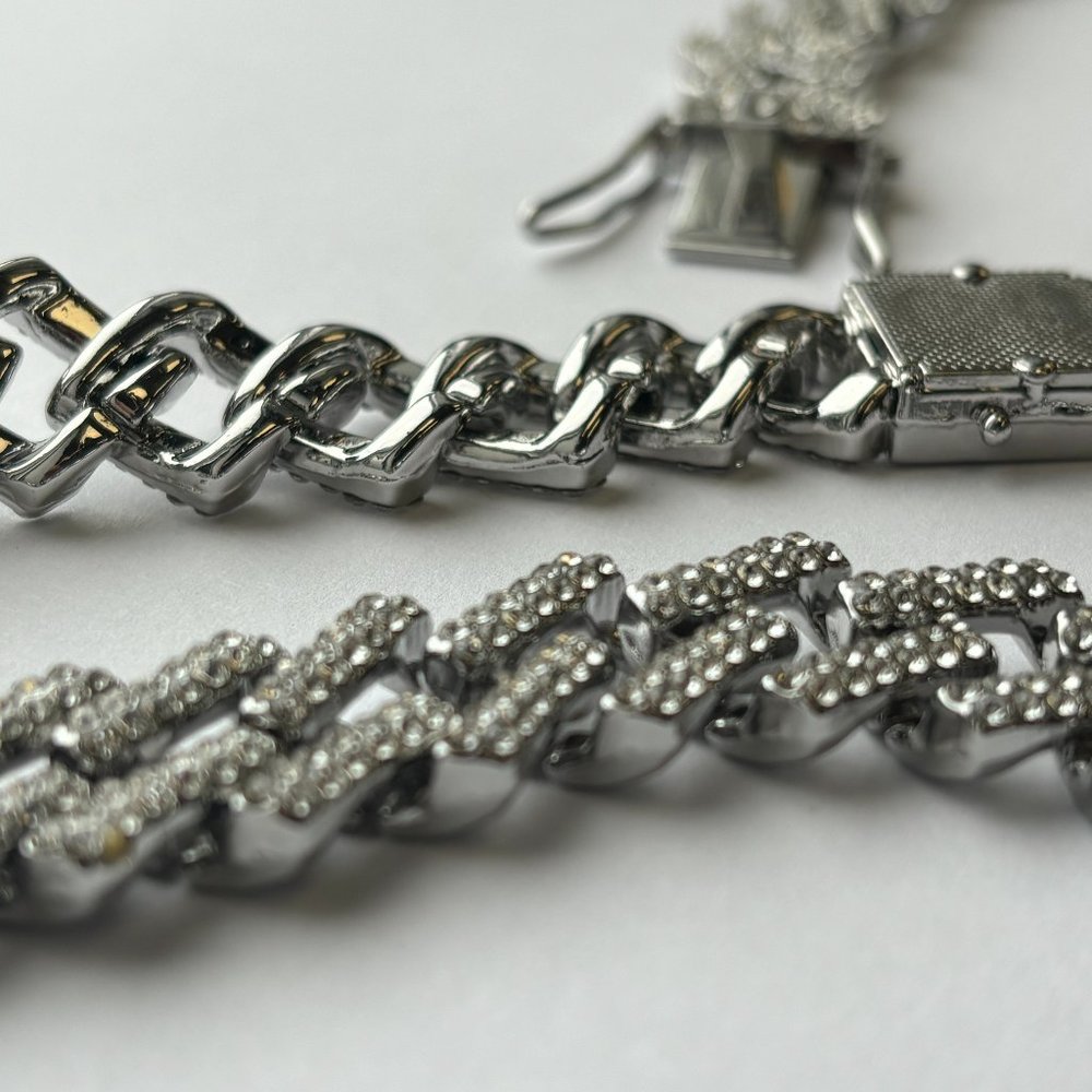 Fifth Avenue Cuban Link Chain White Gold Round Cut Rhinestone Necklace 26 Inch